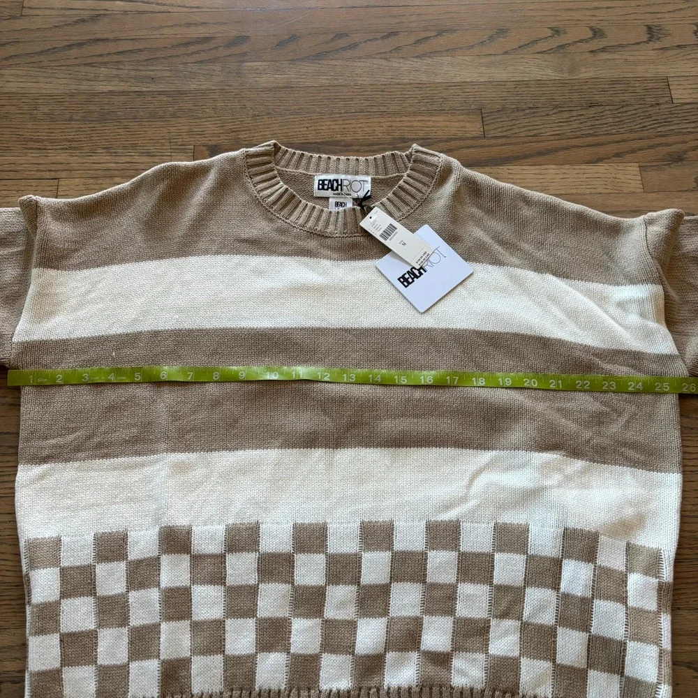 Beach‎ Riot Womens Taupe Striped Checkerboard Knit Sweater Size Medium NWT